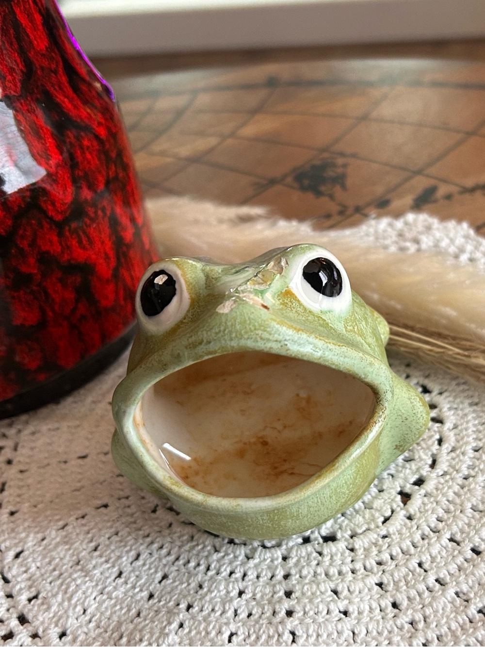 Vintage Ceramic Frog Catchall | Avocado Green Glaze, Hand-Painted Eyes (KB78)